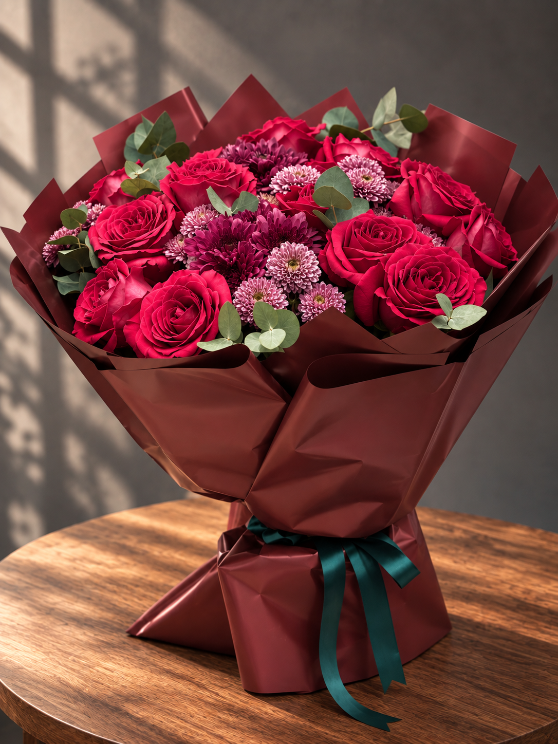 Luxury red rose and burgundy chrysanthemum hand bouquet with eucalyptus and dark green ribbon by White Orchid Flowers