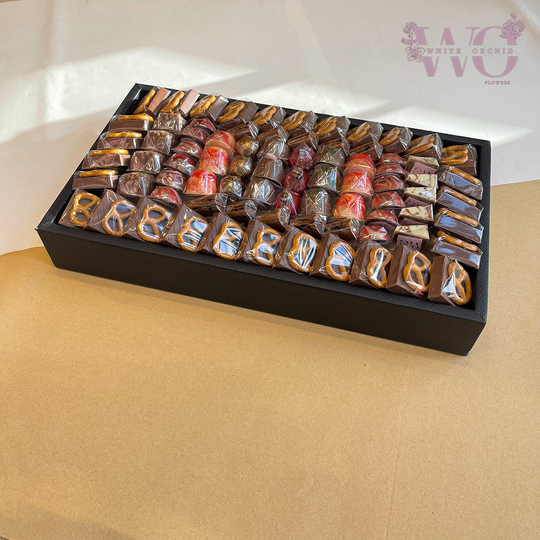 Premium mixed chocolate assortment tray with luxury gift presentation – no alcohol included
