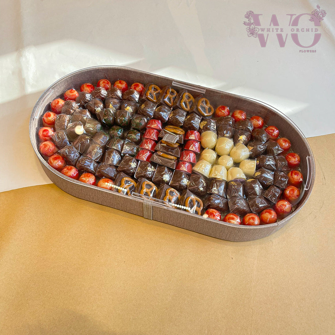 Premium mixed chocolate assortment tray with luxury gift presentation – no alcohol included
