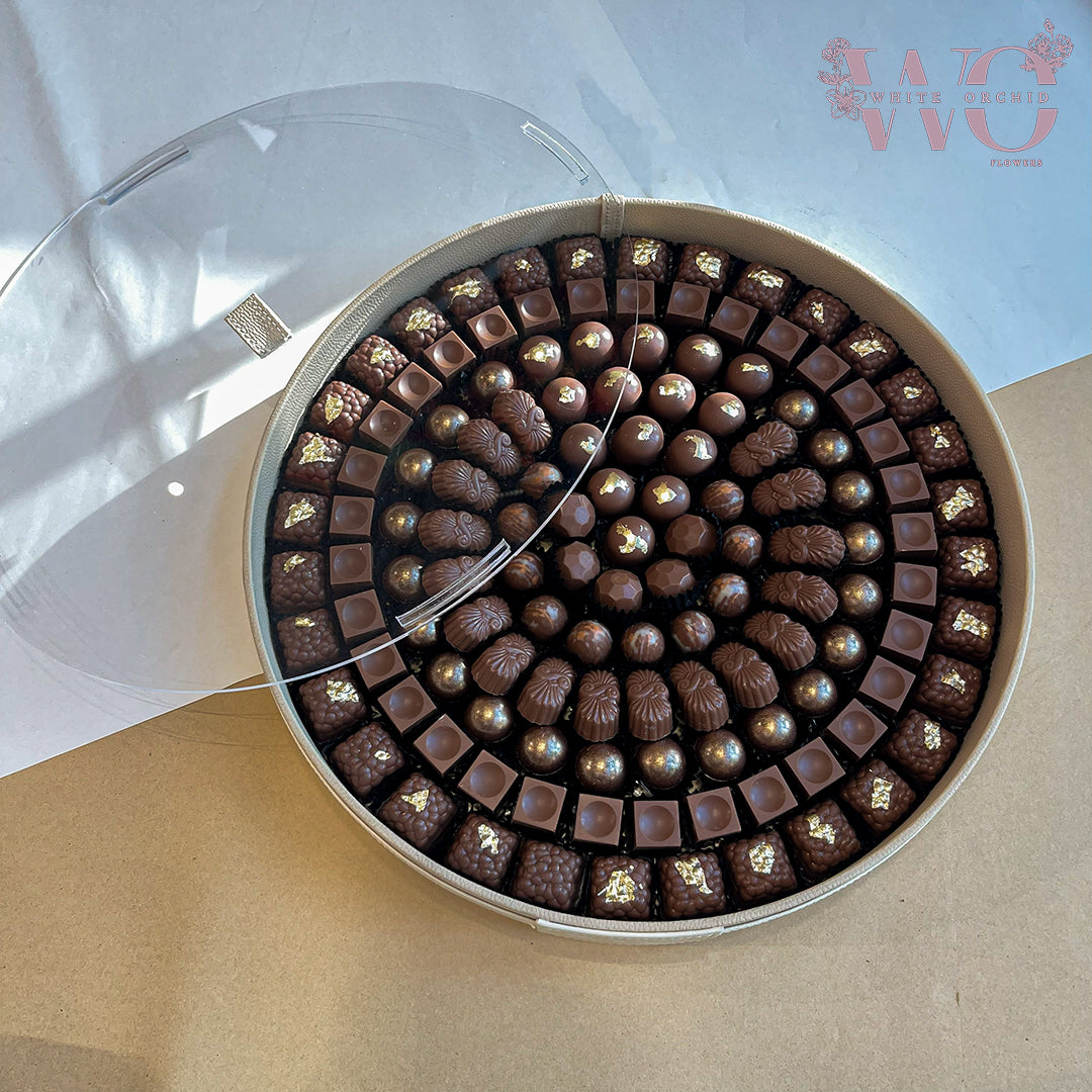 Premium mixed chocolate assortment tray with luxury gift presentation – no alcohol included
