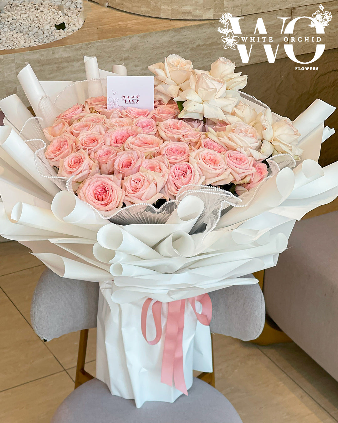 Pink rose bouquet made with natural fresh roses by White Orchid Flowers – elegant floral arrangement with delivery across all UAE
