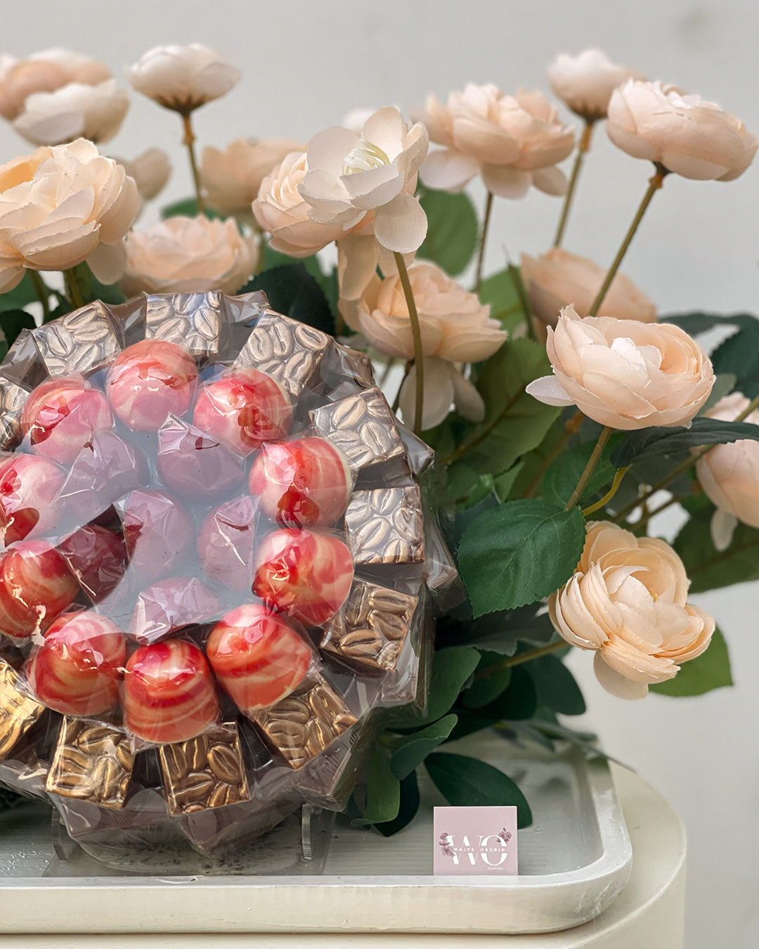 Flowers & Chocolate Arrangement – White Orchid Flowers ( Artificial )