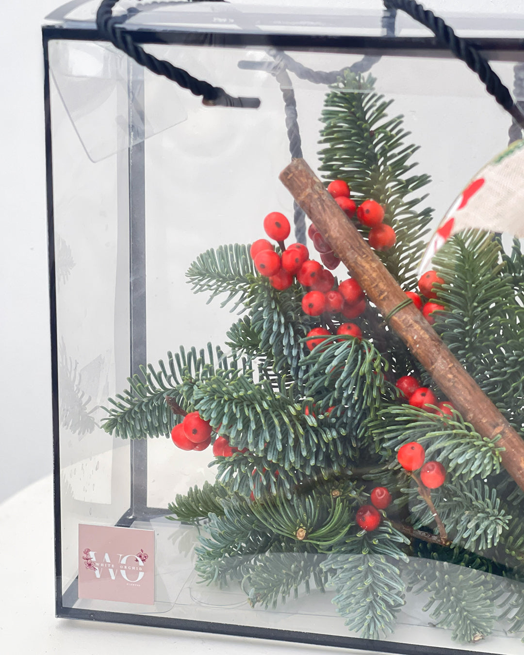 Christmas Decor Set – Winter Figure & Acrylic Box | White Orchid Flowers