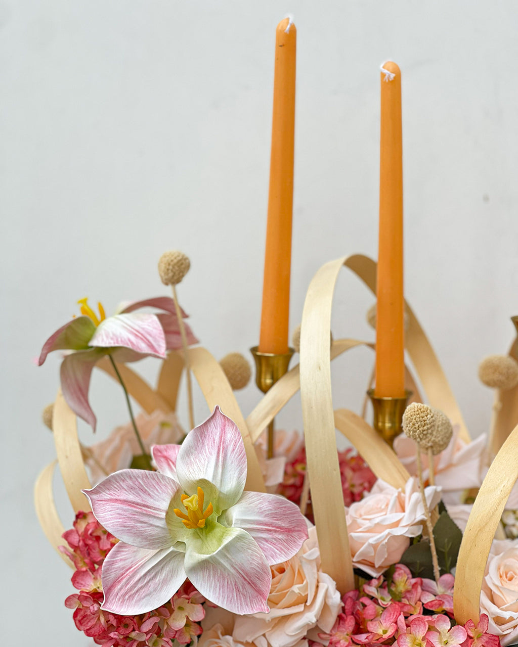 Flower Bouquet with Candles – White Orchid Flowers
