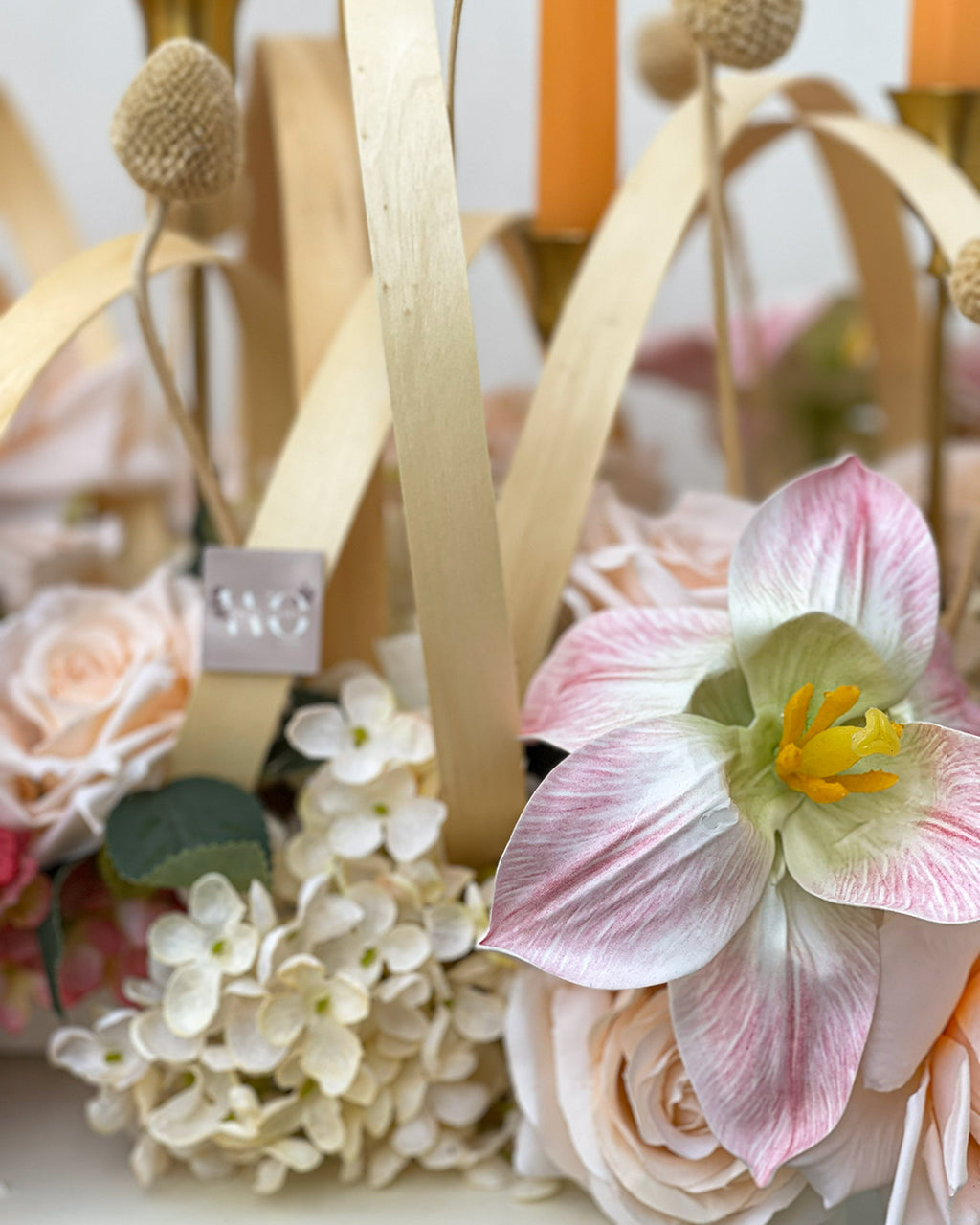 Flower Bouquet with Candles – White Orchid Flowers