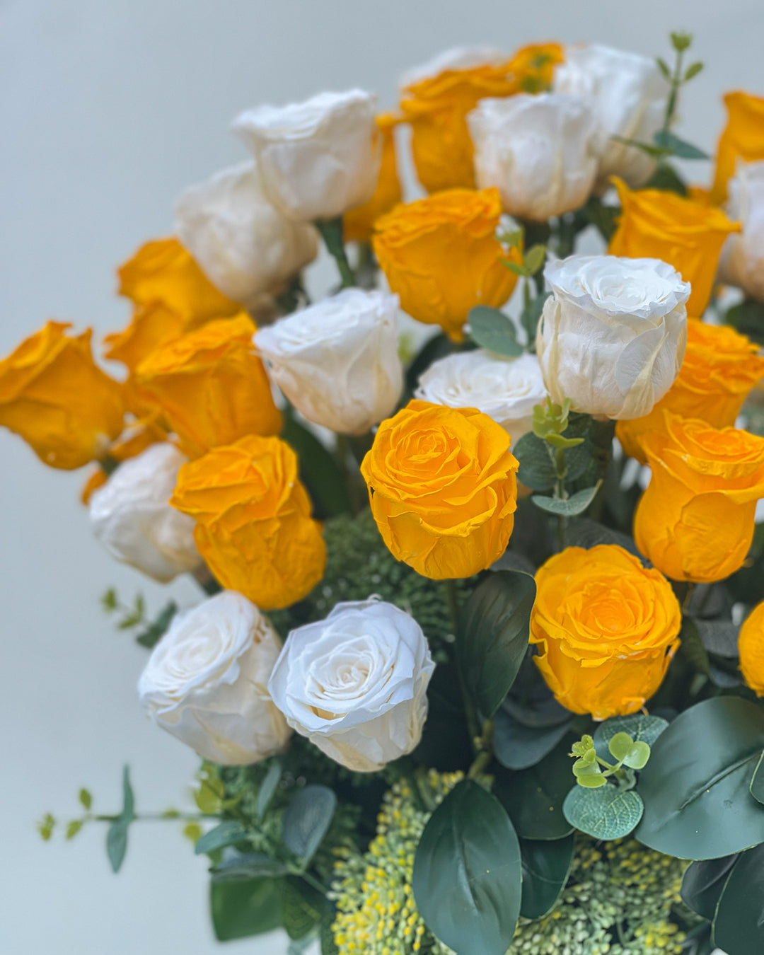 Yellow & White Forever Rose Bouquet – White Orchid Flowers
