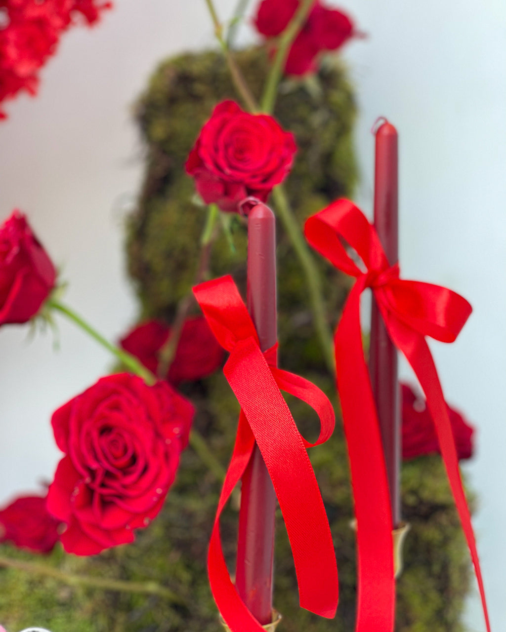 Valentine Red Rose Heart Base with Cake – White Orchid Flowers