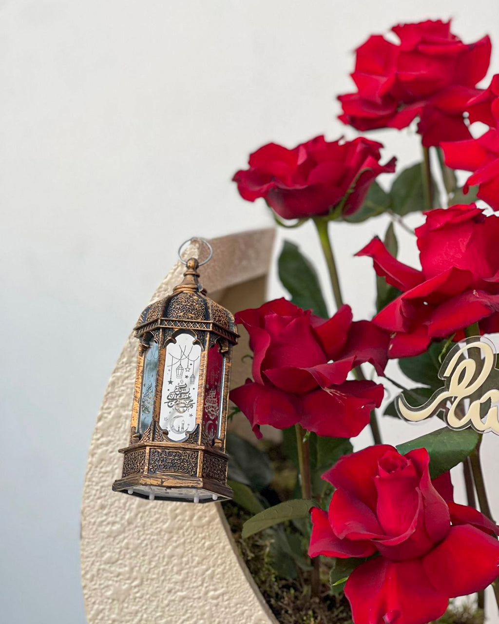 Ramadan Red Rose Crescent Arrangement – White Orchid Flowers