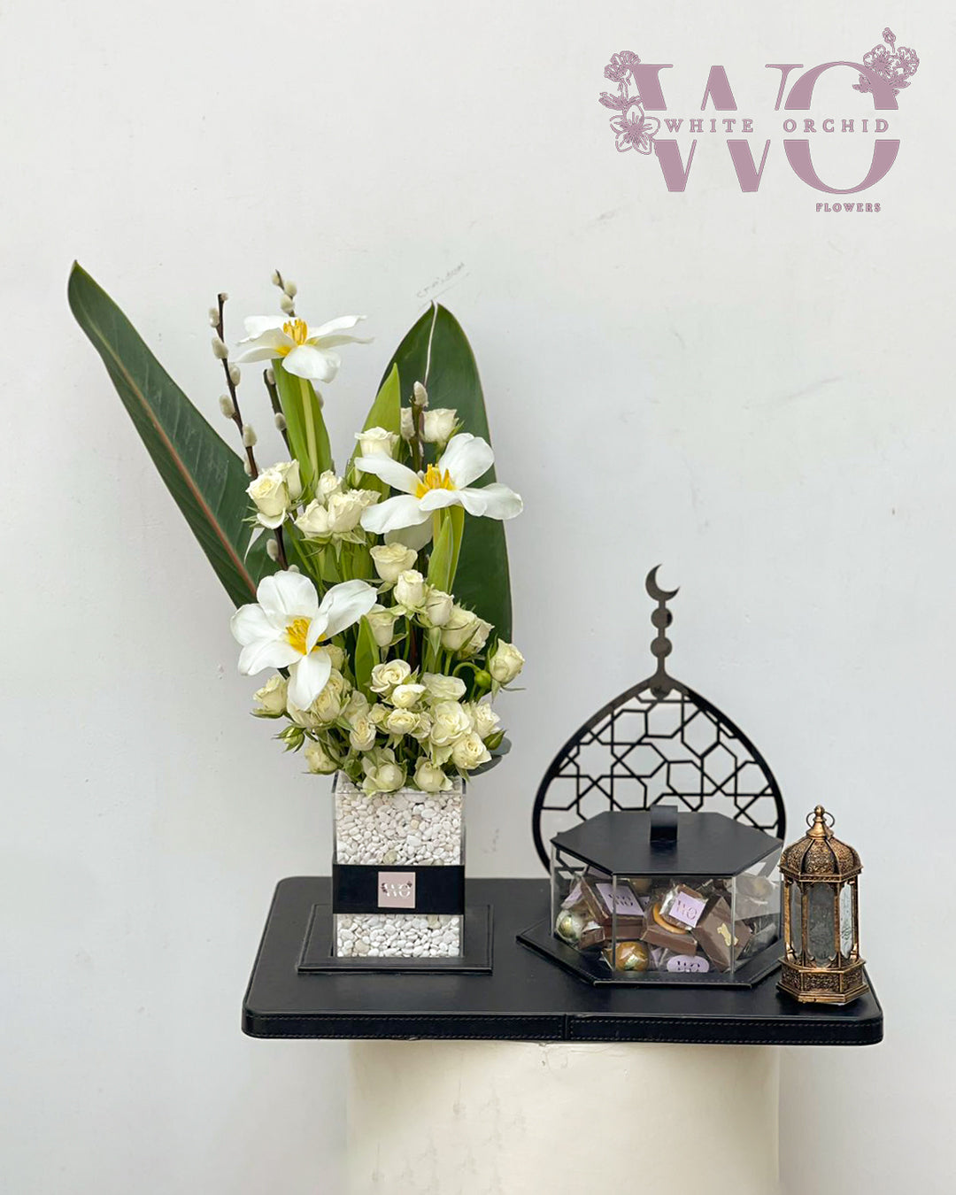 Ramadan flowers and chocolate arrangement made with natural fresh flowers by White Orchid Flowers with delivery across all UAE.