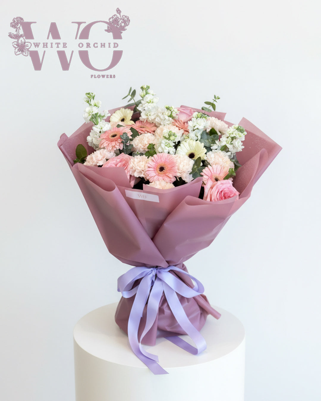 Valentine White & Pink Flower Bouquet – White Orchid Flowers