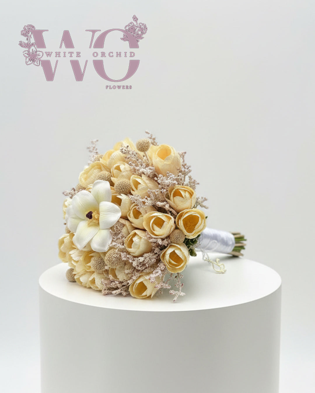 Artificial bridal bouquet with elegant flowers for wedding.